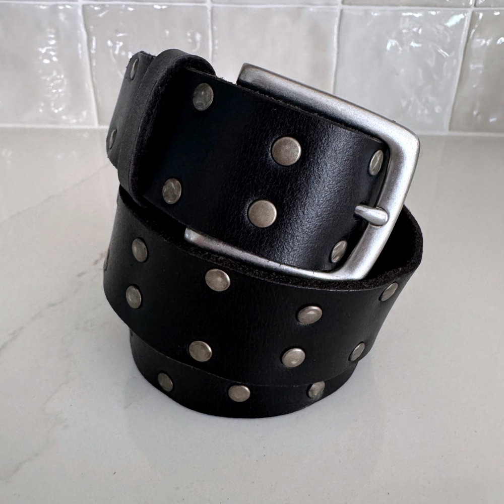 Lucky Brand Studded Leather Belt Mens 40 Black Silver Buckle Western Biker NEW